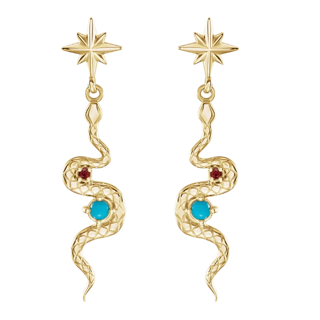 Ruby & Turquoise Snake Earrings 14k Gold