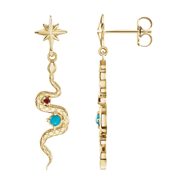 Ruby & Turquoise Snake Earrings 14k Gold