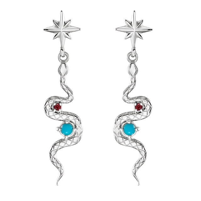 Ruby & Turquoise Snake Earrings Sterling Silver