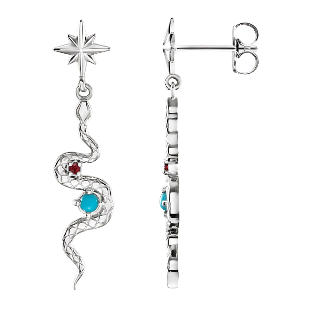 Ruby & Turquoise Snake Earrings Sterling Silver