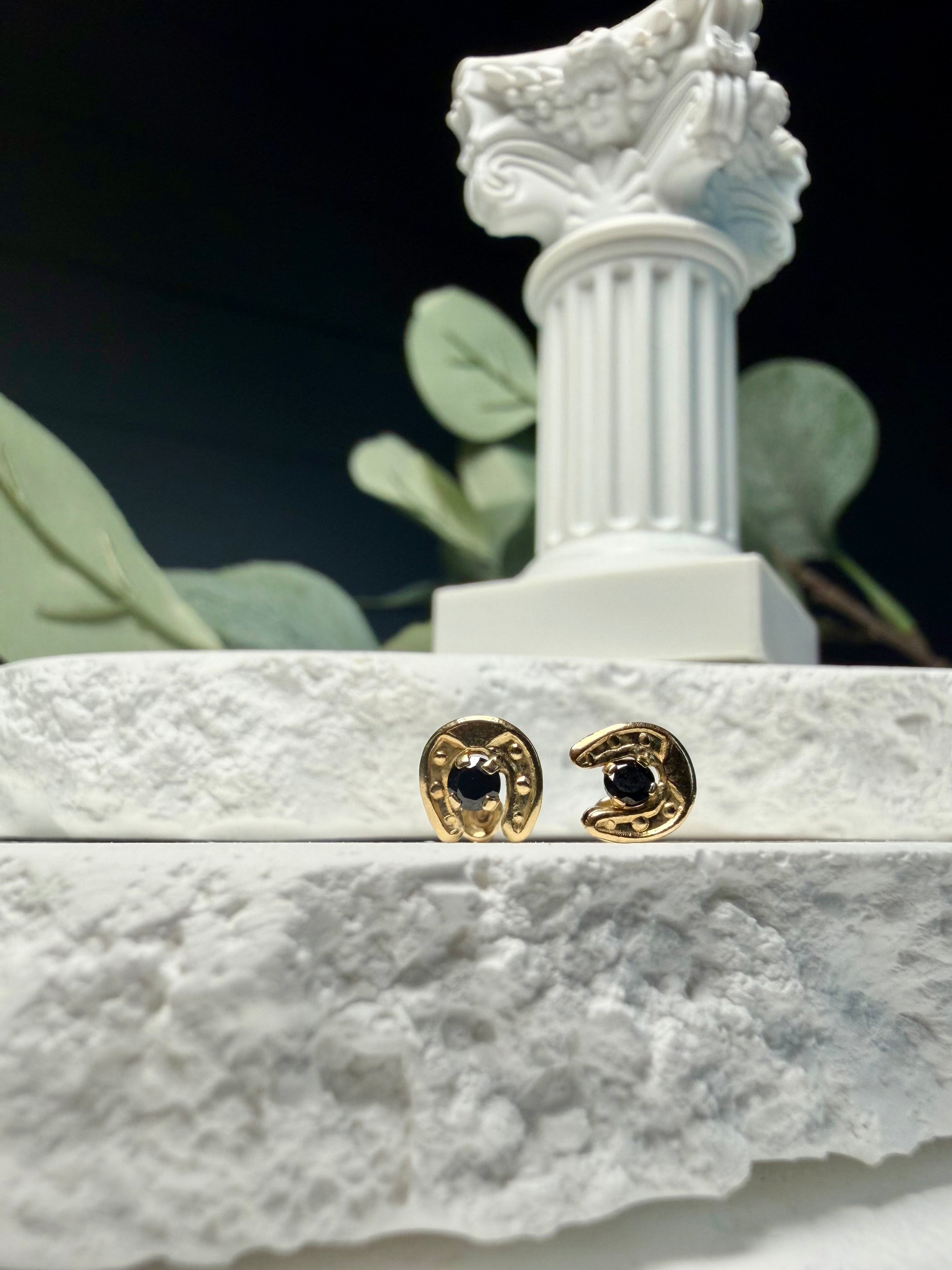 14k Gold Horseshoe Stud Earrings | Black CZ Lucky Horseshoe Studs | Solid Gold Good Luck Earrings