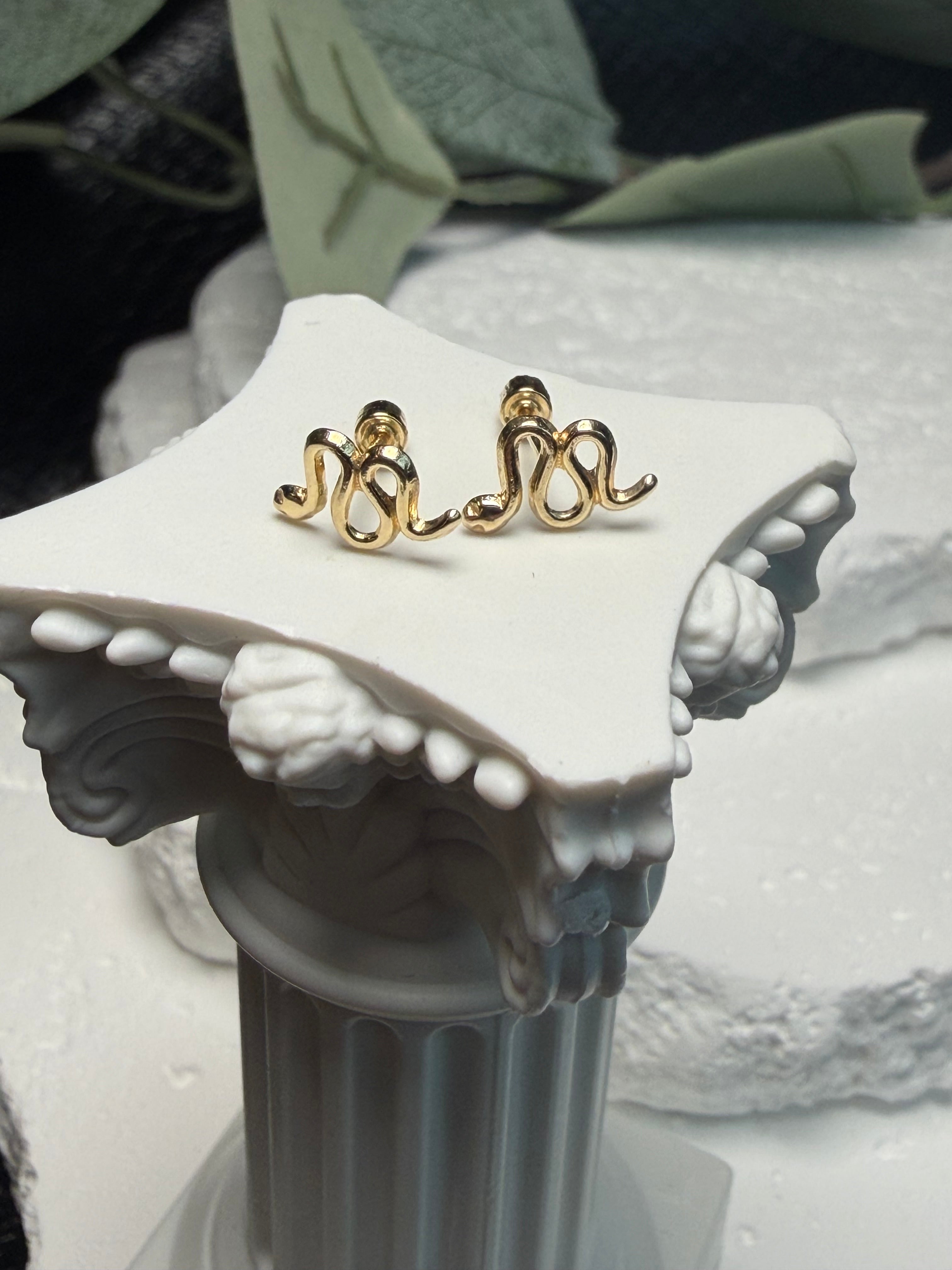 14k Gold Snake Stud Earrings | Solid Gold Serpent Studs | Screw Back Snake Earrings