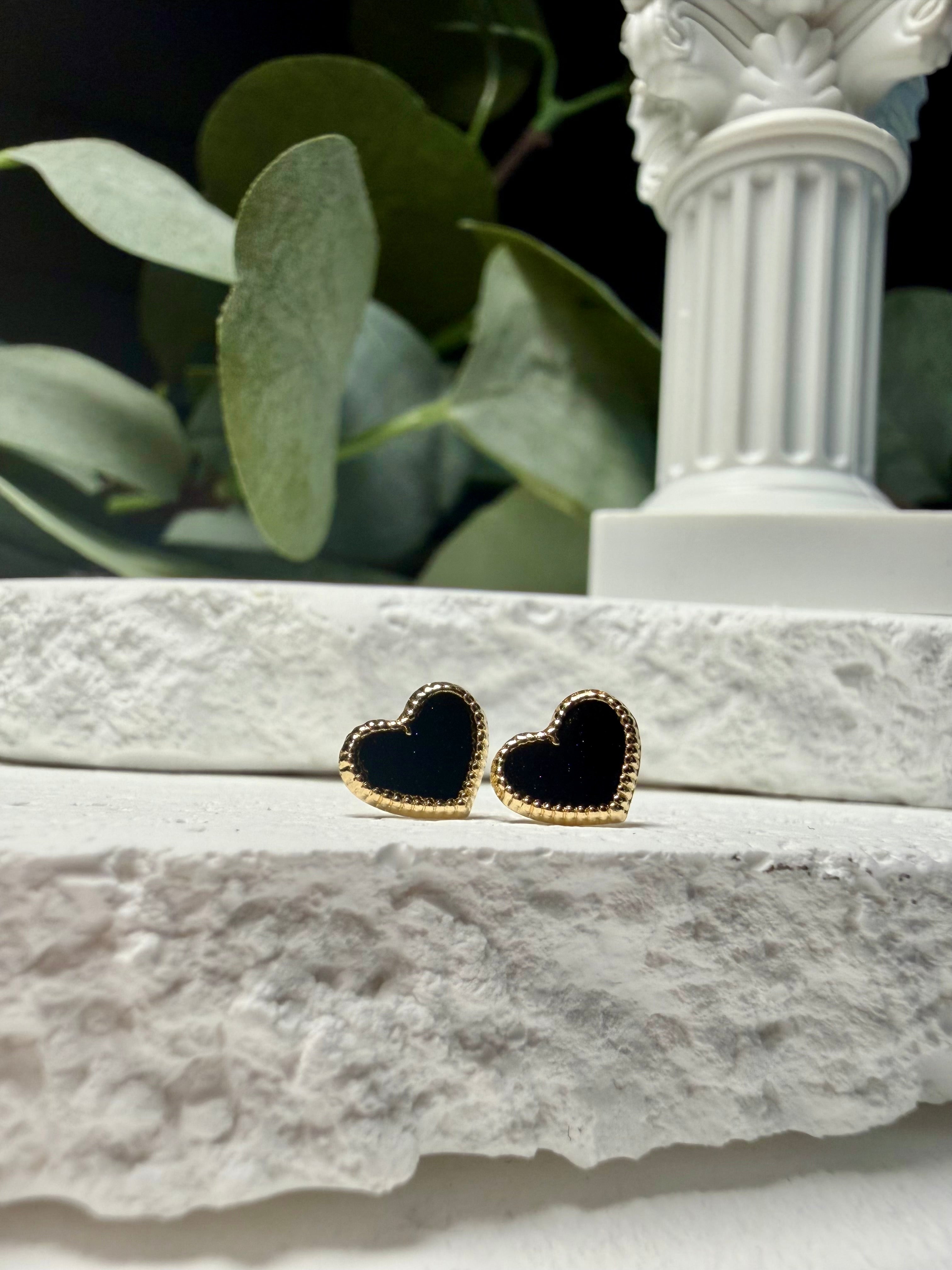 14k Gold Heart Stud Earrings | Black Enamel Heart Studs | Solid Gold Beaded Edge Earrings