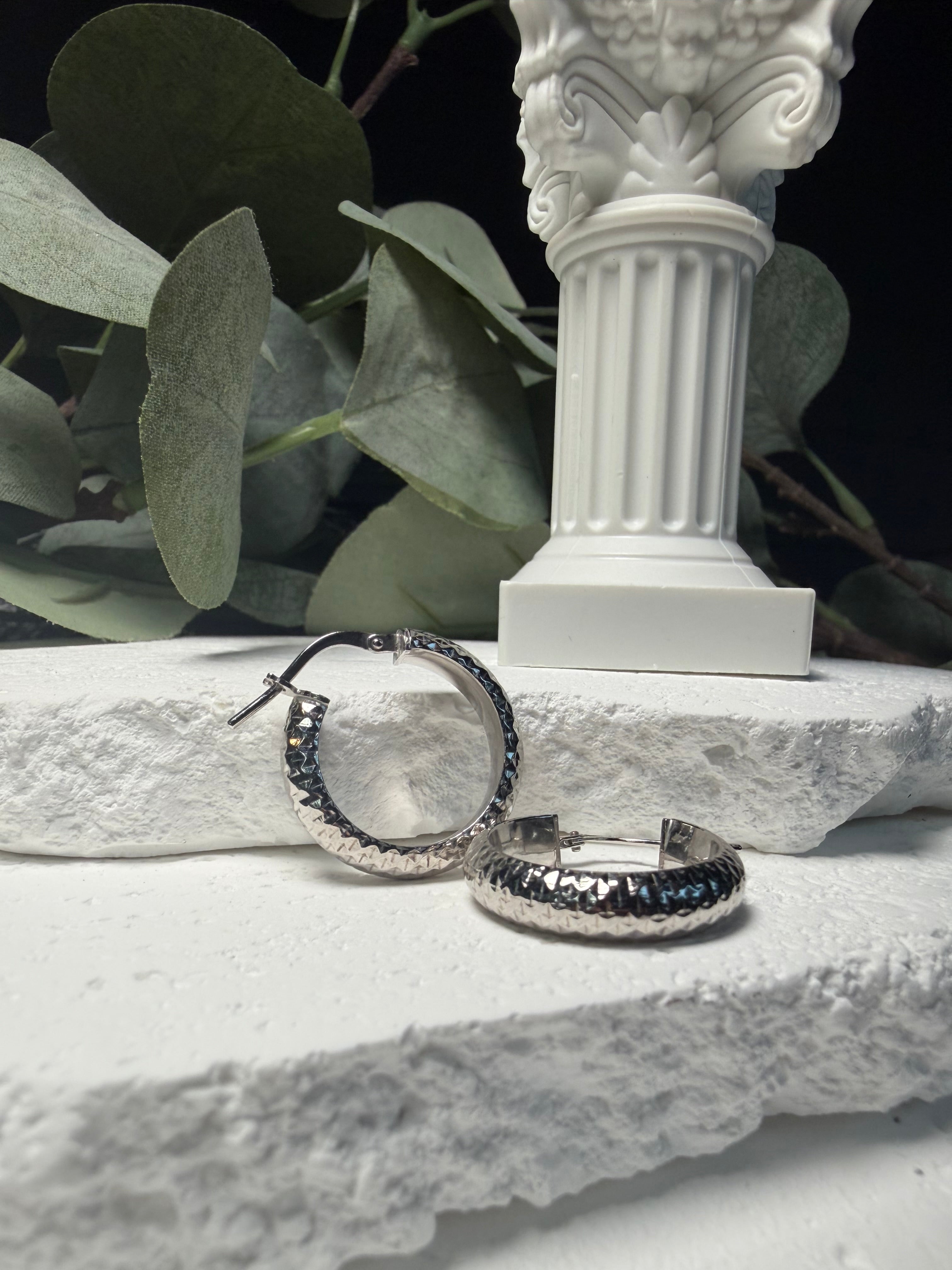 Sterling Silver Textured Hoop Earrings | Diamond Cut Quilted Hoops | Chunky Silver Hoops