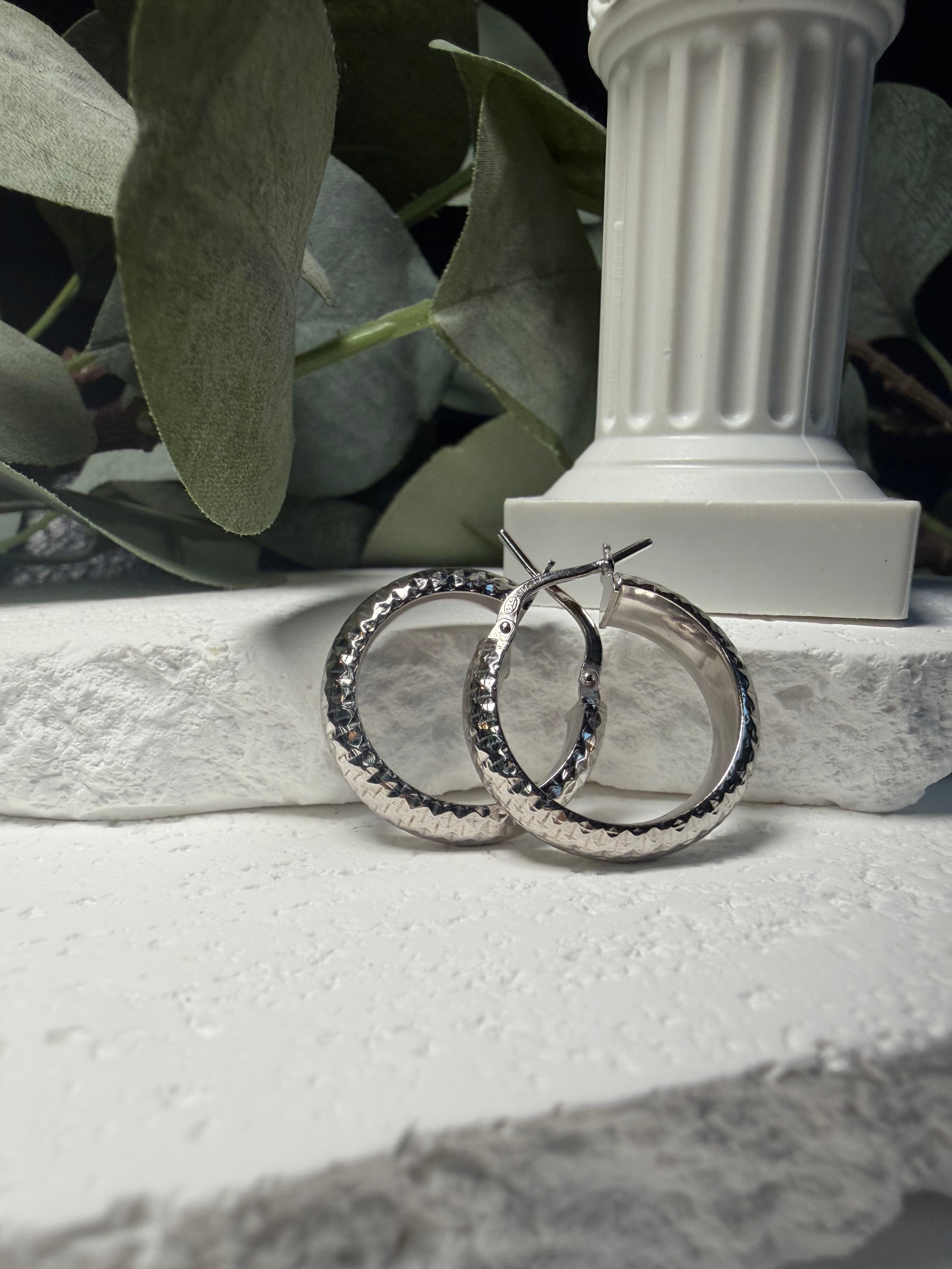 Sterling Silver Textured Hoop Earrings | Diamond Cut Quilted Hoops | Chunky Silver Hoops