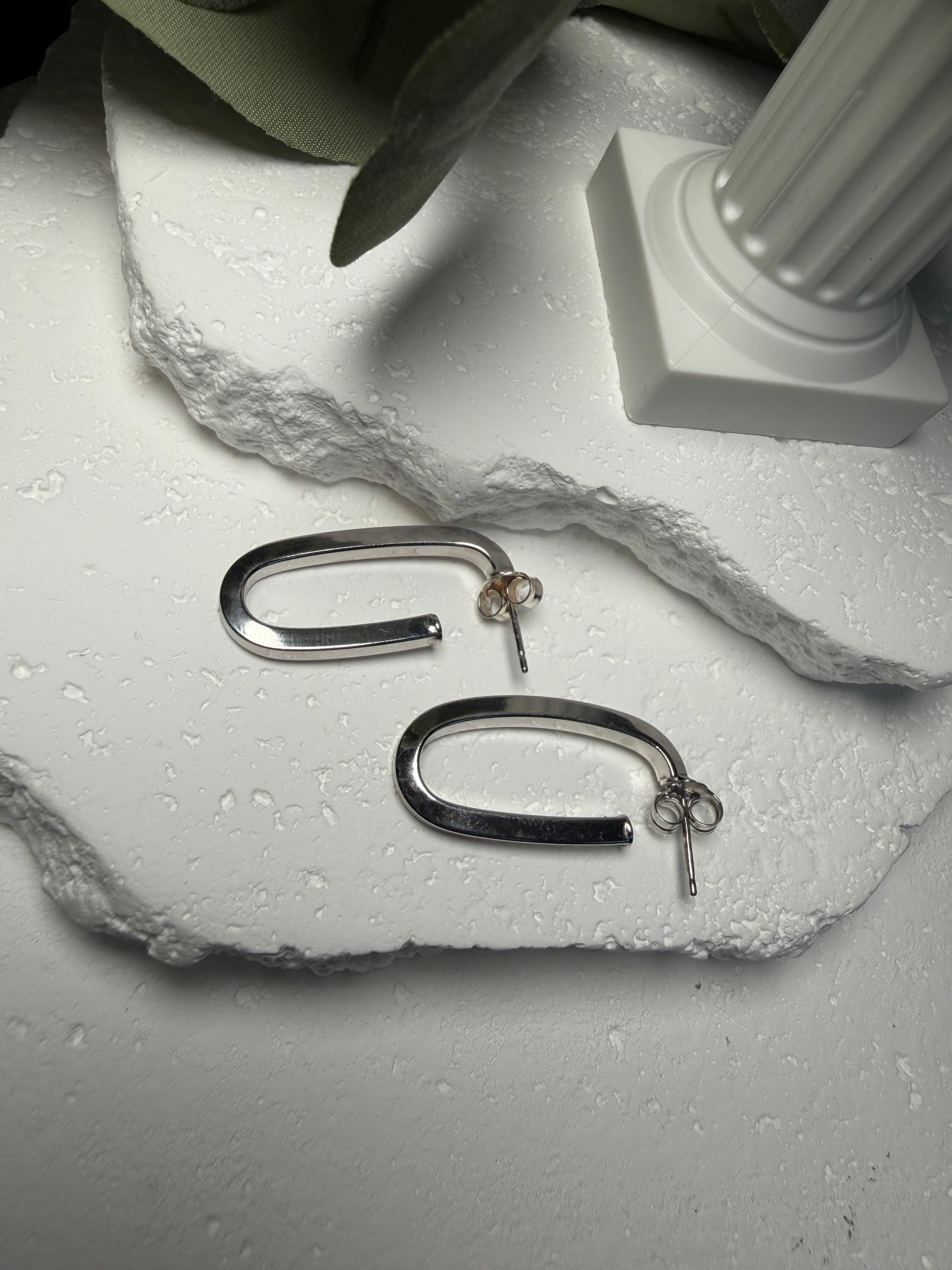Sterling Silver Oval Drop Earrings | Modern Paperclip Hoop Studs | Minimalist Silver Earrings