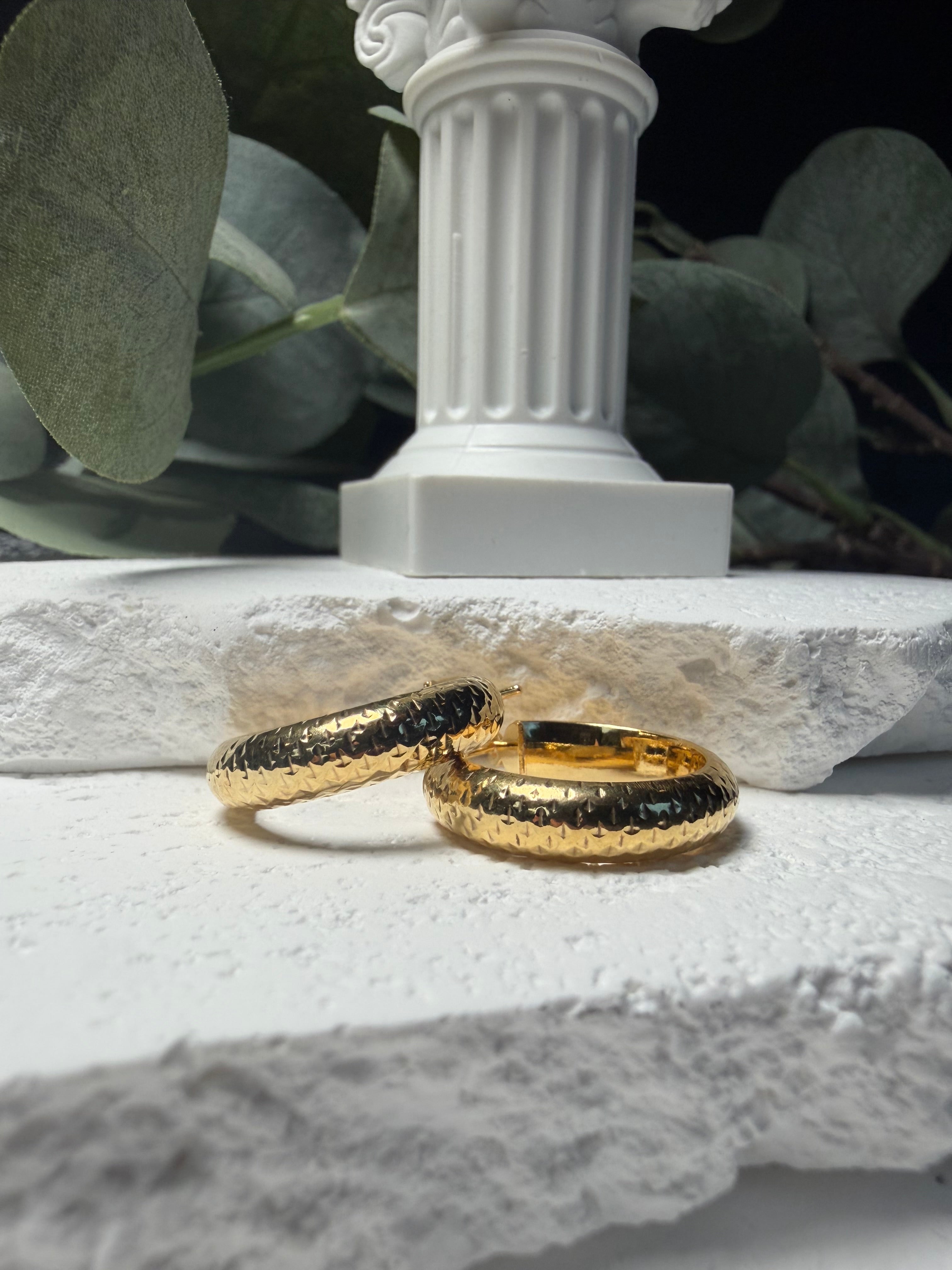 Golden Quilt, Diamond Cut Hoops in Gold Over Sterling Silver
