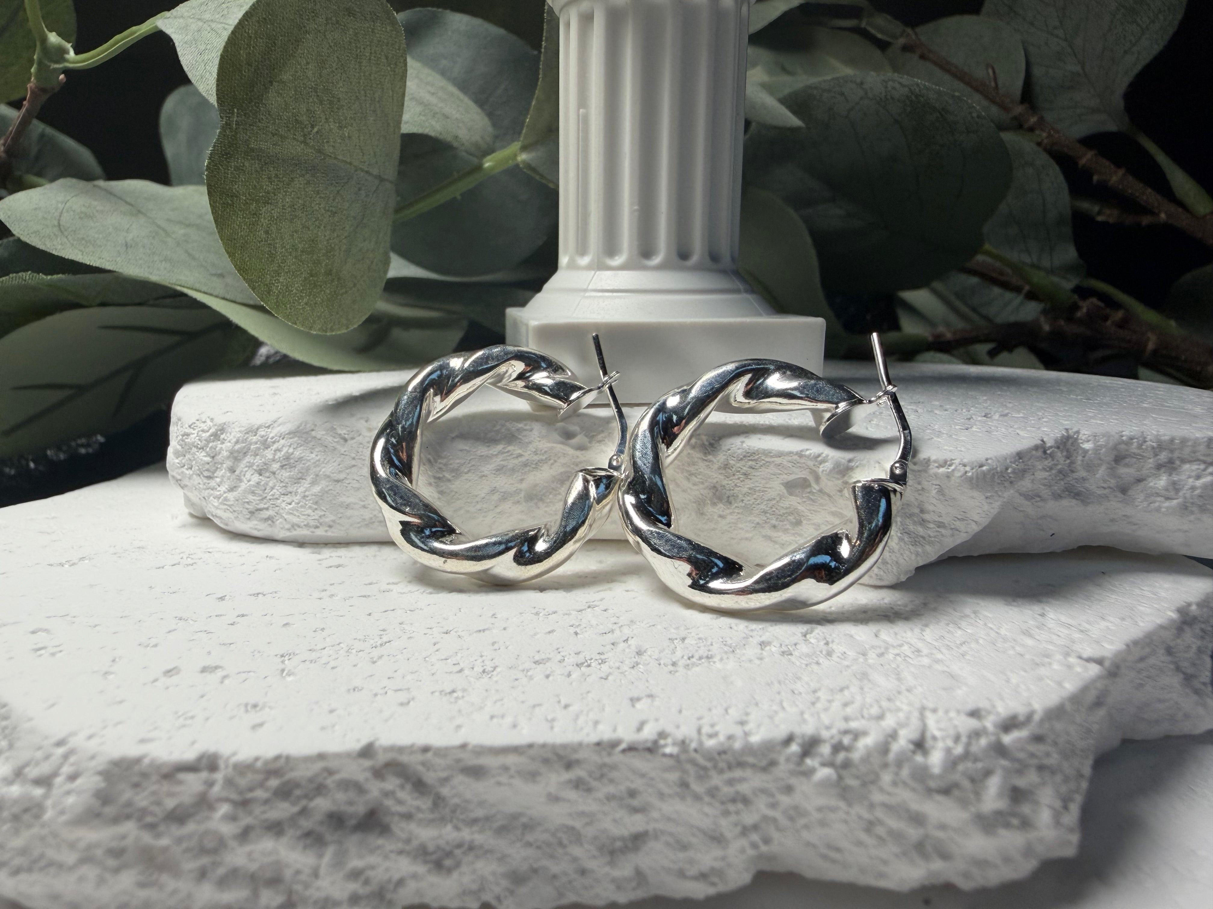 Twisted Shine, Sterling Silver Rope Hoop Earrings