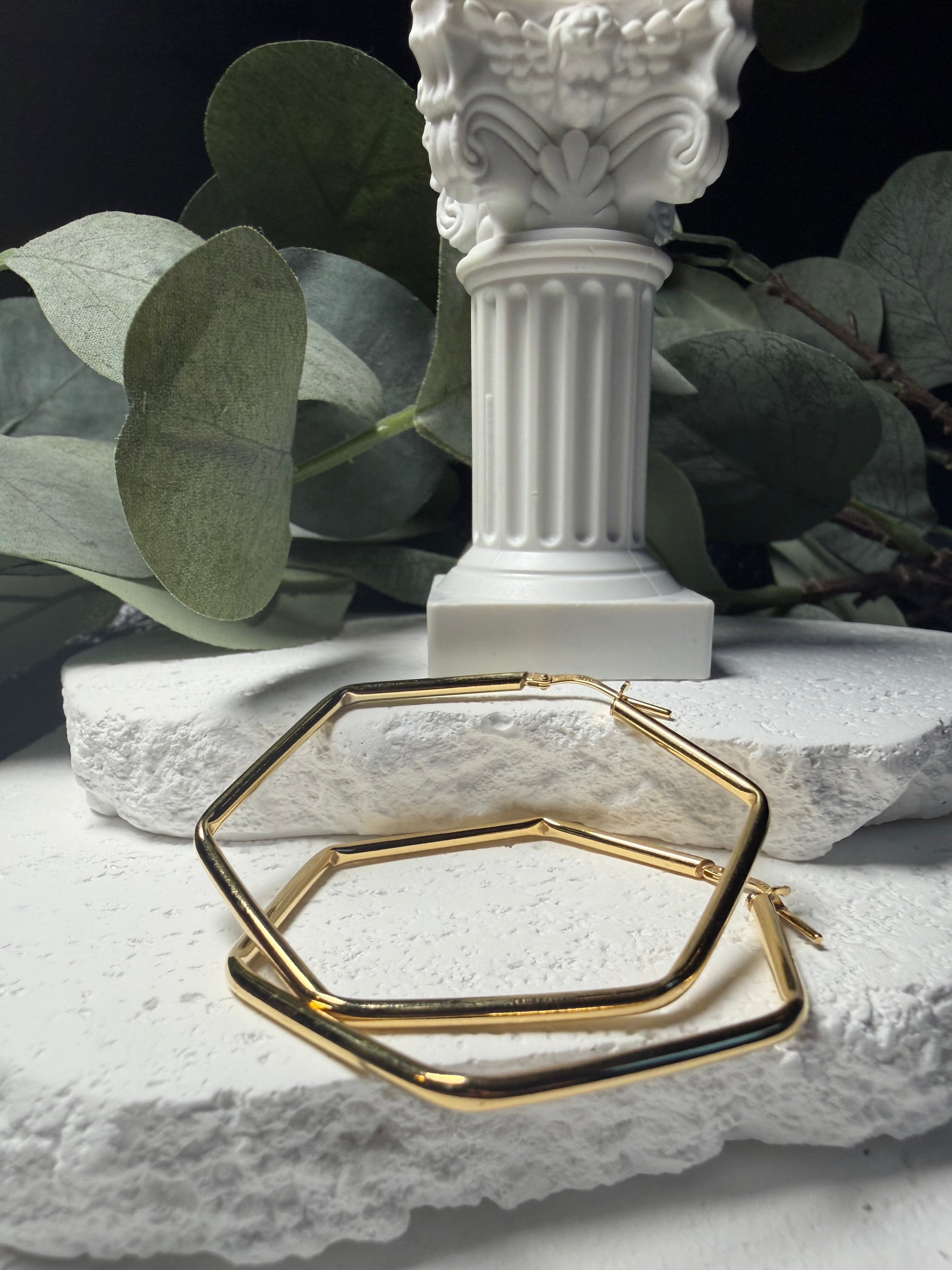Six Sided Shine, Gold Over Sterling Silver Hexagon Hoop Earrings