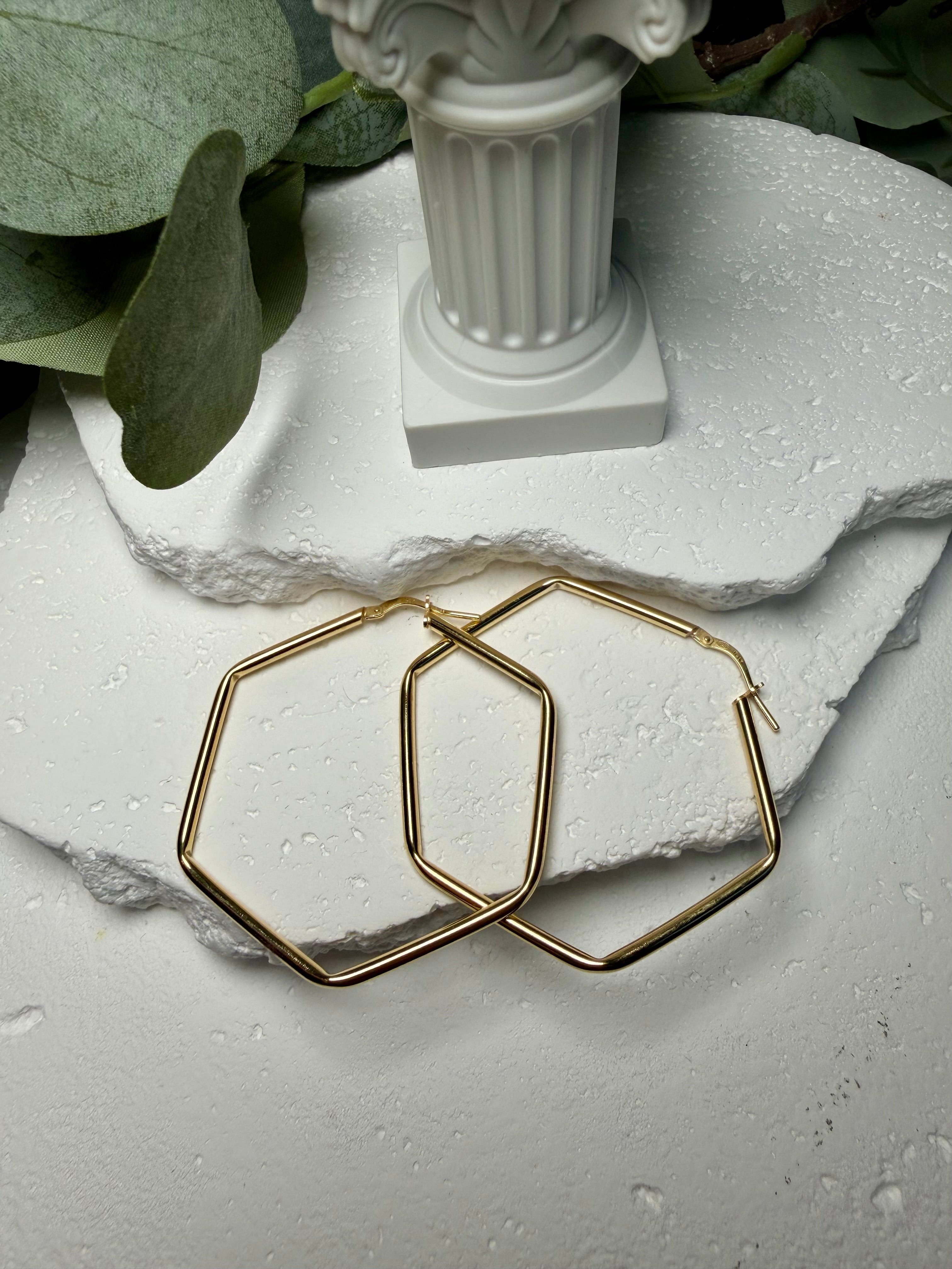Six Sided Shine, Gold Over Sterling Silver Hexagon Hoop Earrings