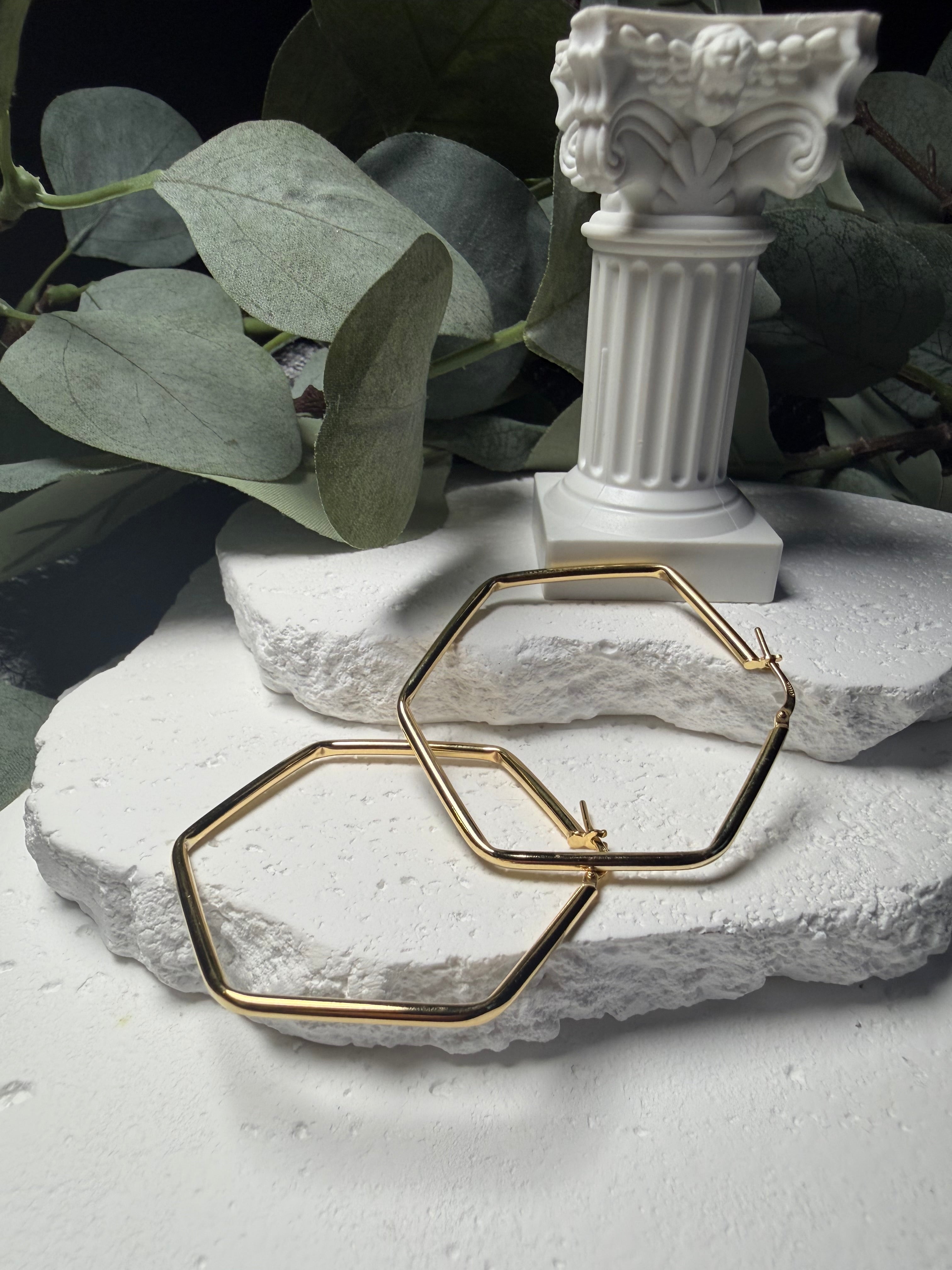 Six Sided Shine, Gold Over Sterling Silver Hexagon Hoop Earrings
