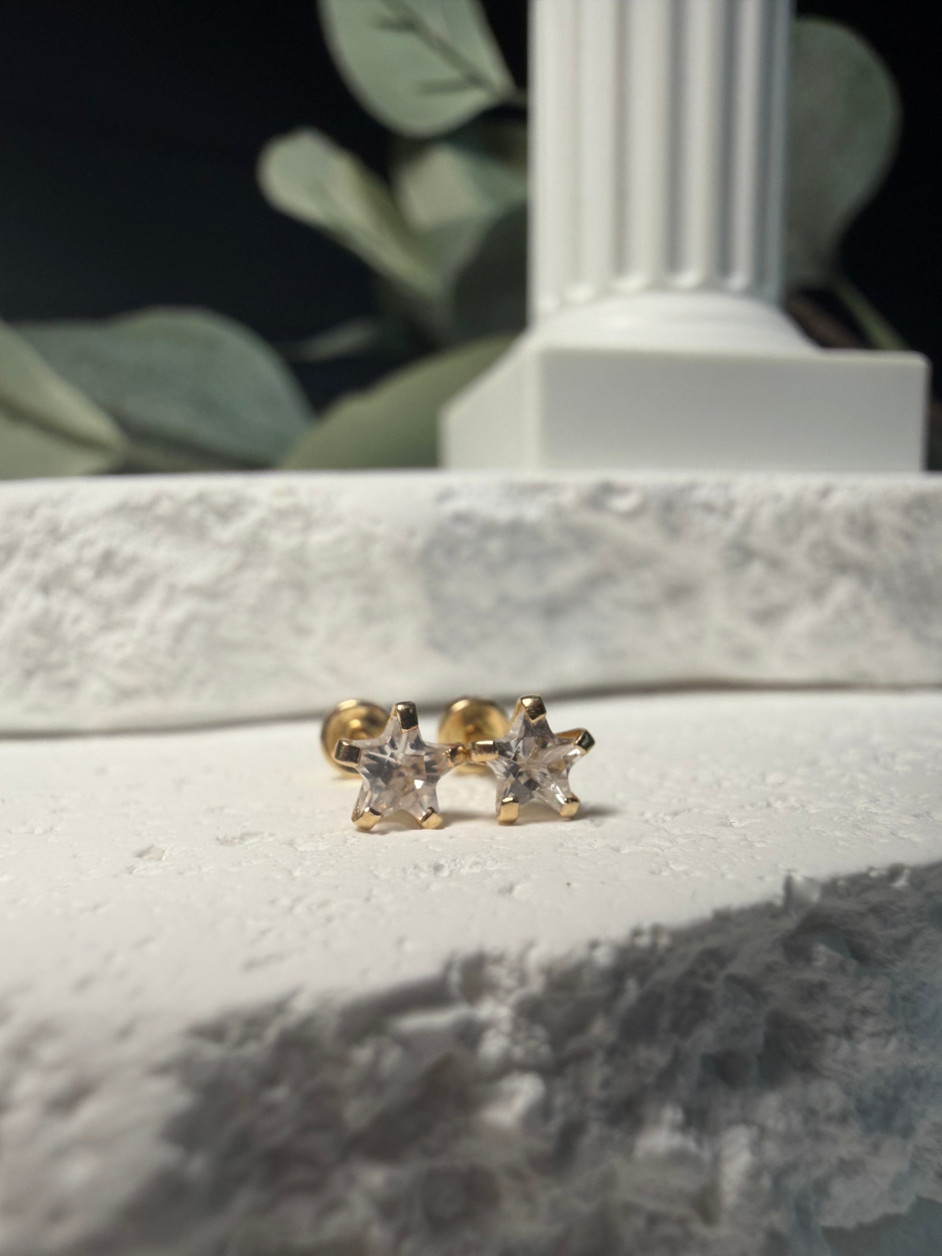 14k Gold Star CZ Stud Earrings | Solid Gold Screw Back Studs | Dainty CZ Star Earrings