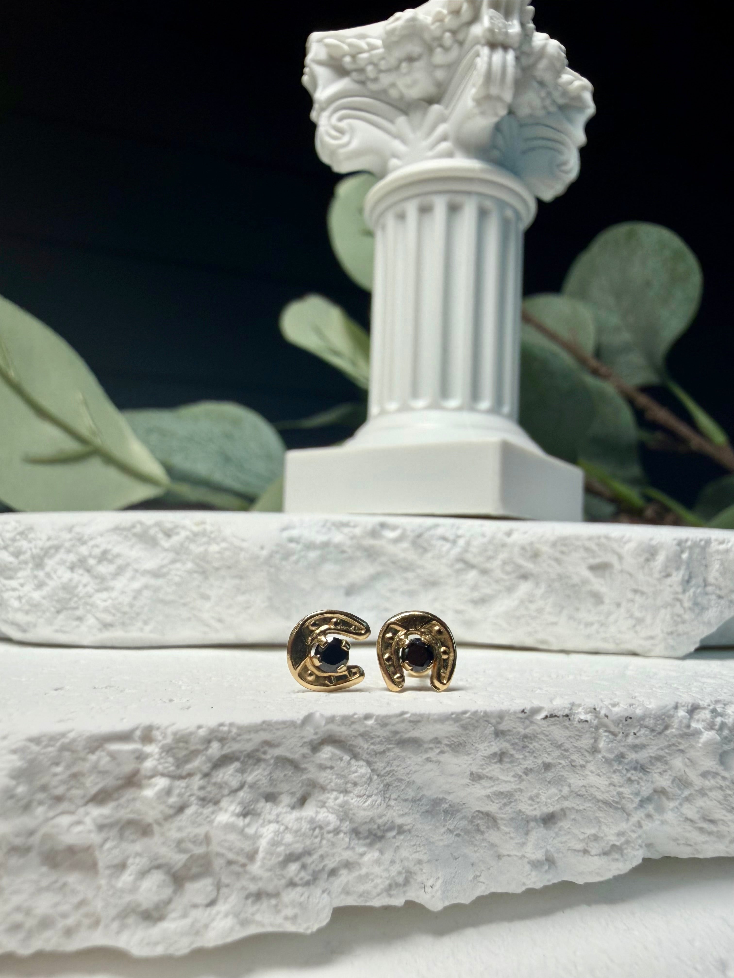 14k Gold Horseshoe Stud Earrings | Black CZ Lucky Horseshoe Studs | Solid Gold Good Luck Earrings