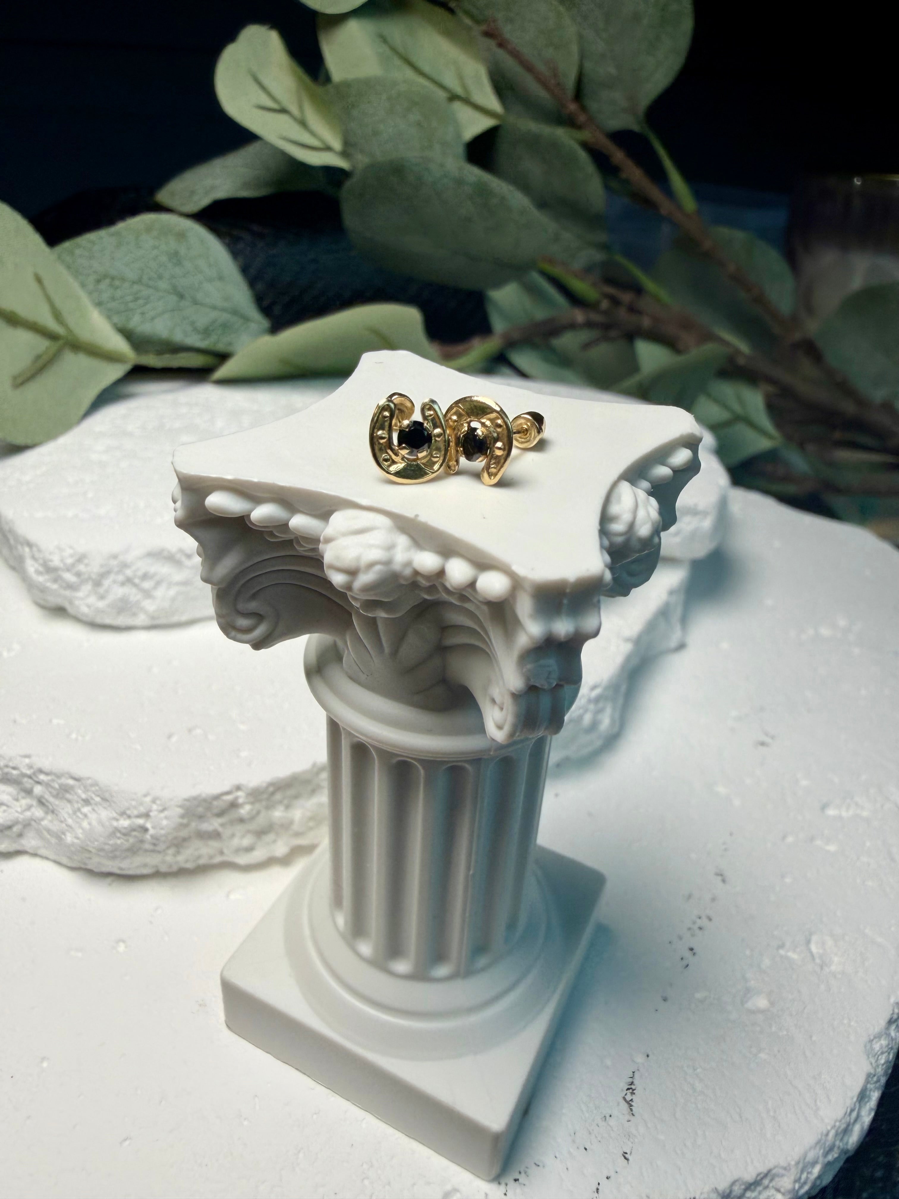 14k Gold Horseshoe Stud Earrings | Black CZ Lucky Horseshoe Studs | Solid Gold Good Luck Earrings