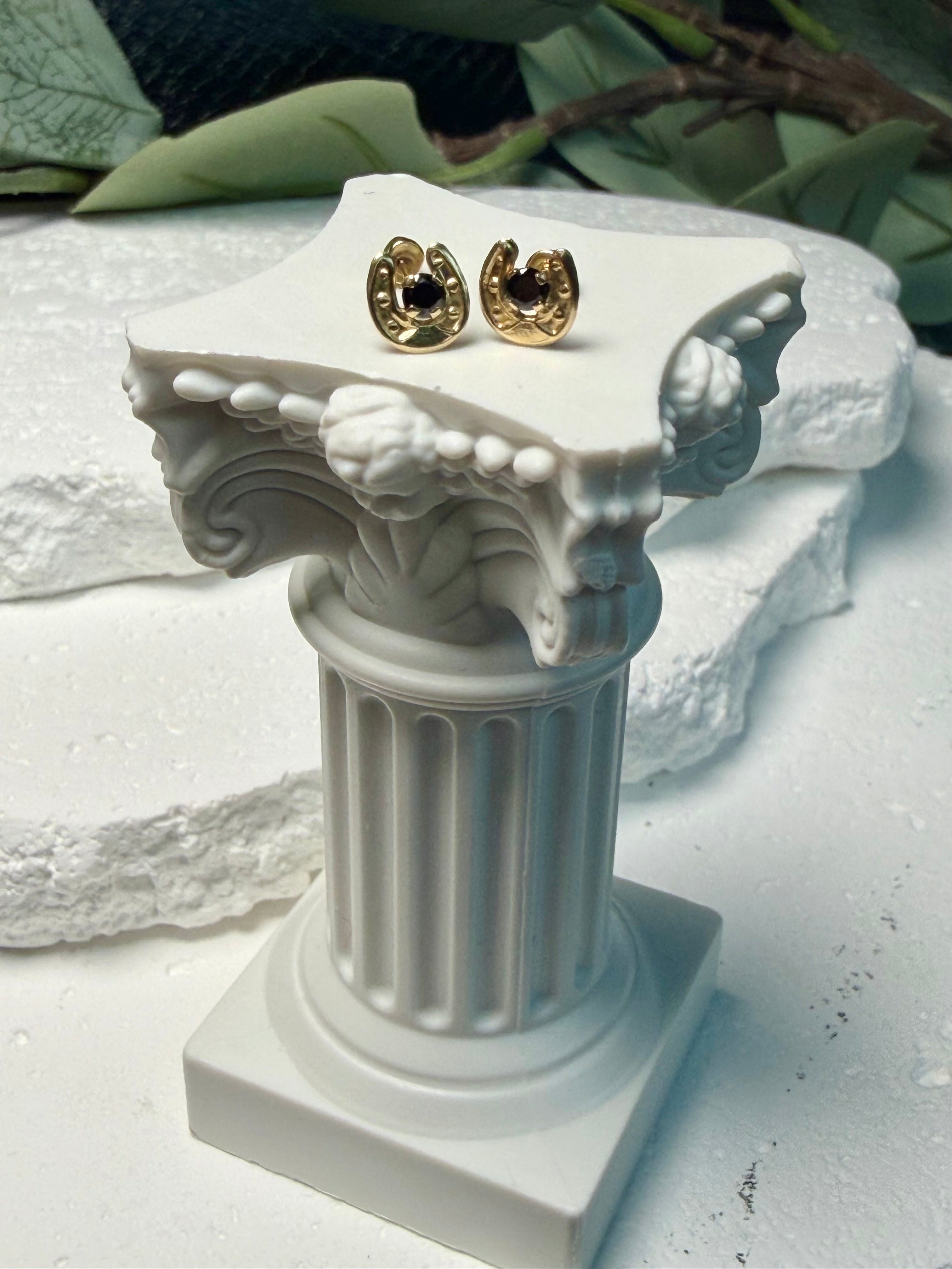 14k Gold Horseshoe Stud Earrings | Black CZ Lucky Horseshoe Studs | Solid Gold Good Luck Earrings
