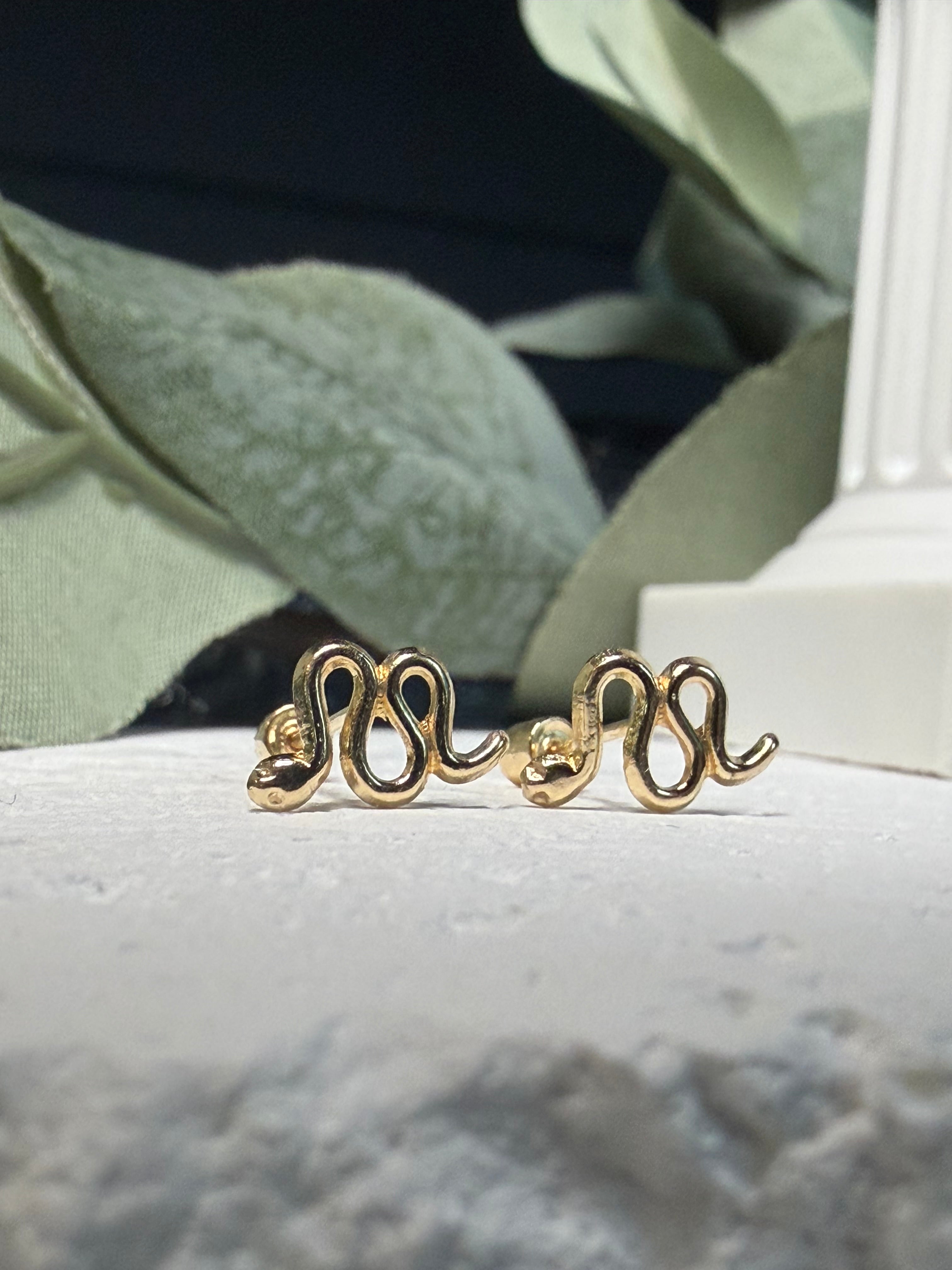 14k Gold Snake Stud Earrings | Solid Gold Serpent Studs | Screw Back Snake Earrings