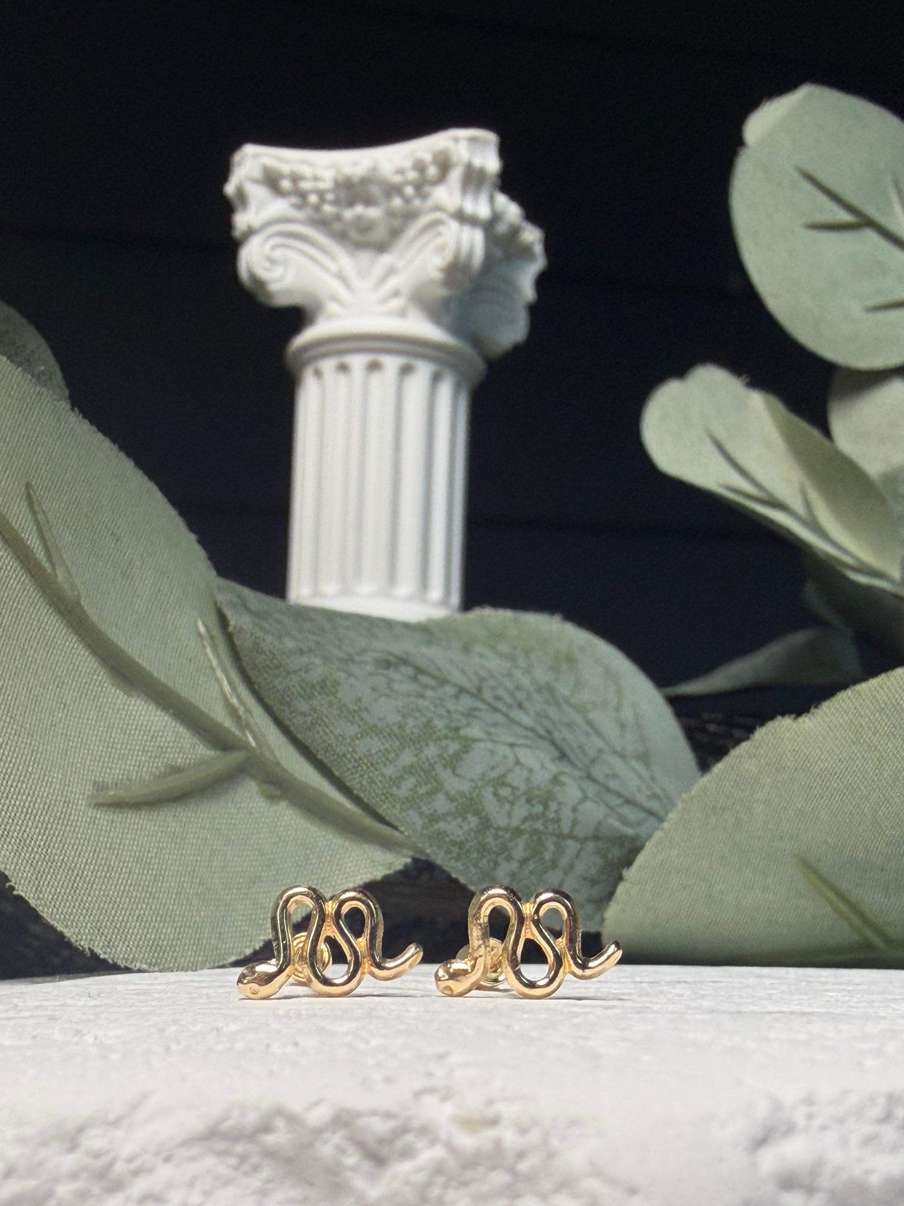 14k Gold Snake Stud Earrings | Solid Gold Serpent Studs | Screw Back Snake Earrings
