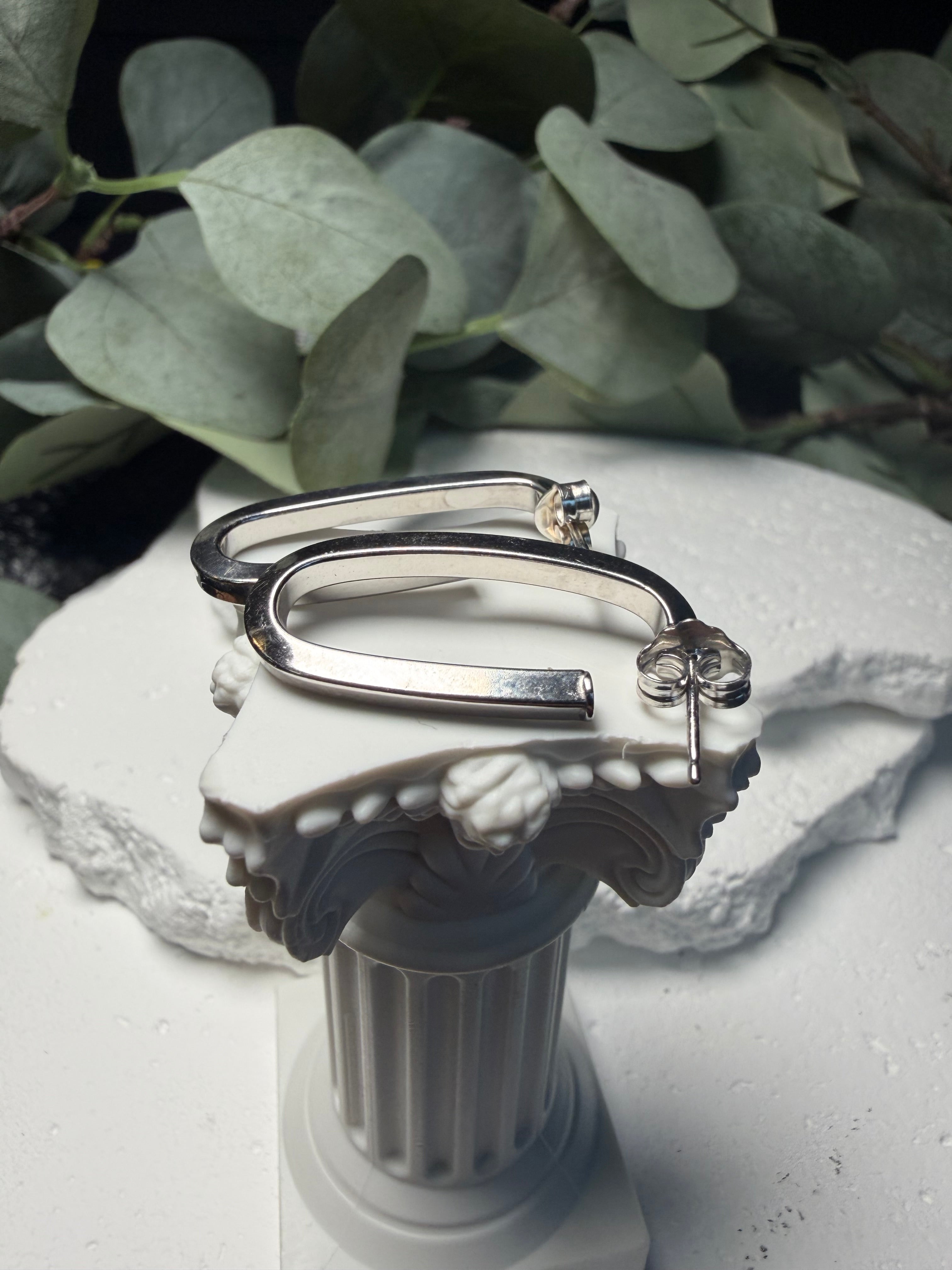 Sterling Silver Oval Drop Earrings | Modern Paperclip Hoop Studs | Minimalist Silver Earrings